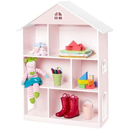 Wildkin Kids Wooden Dollhouse Bookcase for Girls, Measures 42 x 12 x 33 Inches, Dollhouse Bookshelf Keep Toys, Games, Books, and Art Supplies Organized, Ideal for Bedroom or Playroom, BPA-Free (Pink)