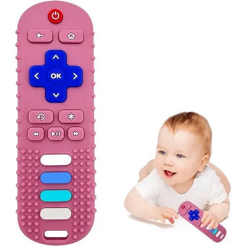 Baby Teething Toys, Food Grade Silicone Teether for Babies 3 6 12 18 Months, TV Remote Shape Toddlers Chew Toys, Freezer BPA Free (Pink RC)