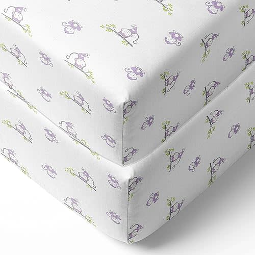 Bacati - Happy Monkeys 2 Pack Essentials Classic Super Soft Breathable 100% Cotton Muslin Baby Crib Fitted Sheets - Fits Standard 28 x 52 x 5 Crib & Toddler Mattresses (Lilac/Grey Girls)