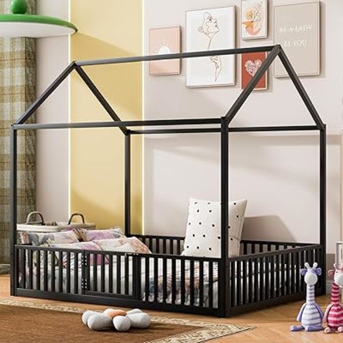 Merax Full Size Montessori Floor Bed, Metal House Bed Frame with Roof for Kids, Teens, Girls, and Boys, No Box Spring Needed, Black