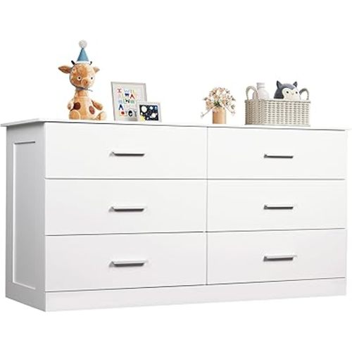 WLIVE White Dresser with 6 Drawers, Wide Wooden Chest of Drawers for Bedroom, Large White Storage Tower Unit, Modern Minimalist Closet Store Organizer for Living Room, Hallway