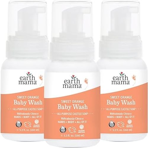 Earth Mama Sweet Orange Baby Wash Liquid Foaming Hand Soap, Organic All Purpose Body Wash for Sensitive Skin, Castile Soap with Coconut Oil, Shea Butter, Calendula, & Aloe, 5.3 fl oz (3-Pack)
