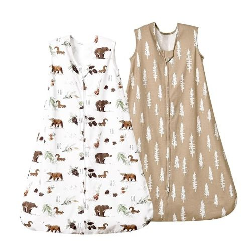 david's kids 100% Cotton Baby Sleep Sack 6-12 Months, Soft Baby Wearable Blankets with 2-Way Zipper, 2 Pack TOG 0.5 Sleeping Bags for Infant Newborn Boys Girls, Medium Size, Woodland