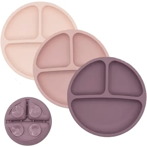WeeSprout Suction Plates for Babies & Toddlers - 100% Silicone, Dinnerware Stays Put, Divided Design for Picky Eaters, Microwave & Dishwasher Friendly, 3 Pack (Matte Pink, Purple & Blush Pink)