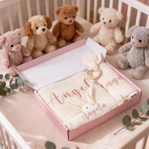 Personalized Newborn Gift, Custom New Baby Gifts Set: Knit Blanket, Bib, Rattle, Towel, Comfort Blanket