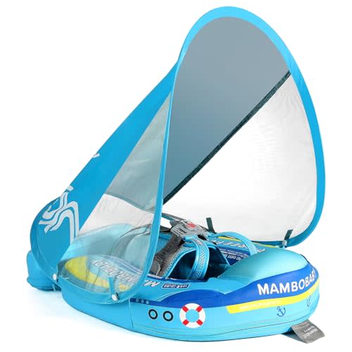 Mambobaby Float Add Tail No Flip Over Non-Inflatable Baby Swim Float Pearl Foam Solid Water Floats Smart Swim Trainer Infant Pool Float Swim Ring with Sun Canopy