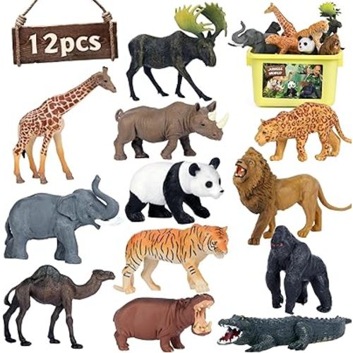 Safari Animal Toys Figures, 12 PCS Realistic Jumbo Wild Jungle Animals Figurines, Large African Zoo Animal Playset with Lion,Elephant,Giraffe, Plastic Animal Learning Toys for Kids Toddlers Boys