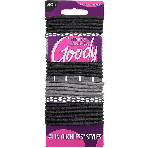 GOODY Ouchless Elastics Hair Tie - 30 Count (Pack of 1), Black White Modern - 4MM for Medium Hair - Pain-Free Hair Accessories for Women Perfect for Long Lasting Braids, Ponytails and More