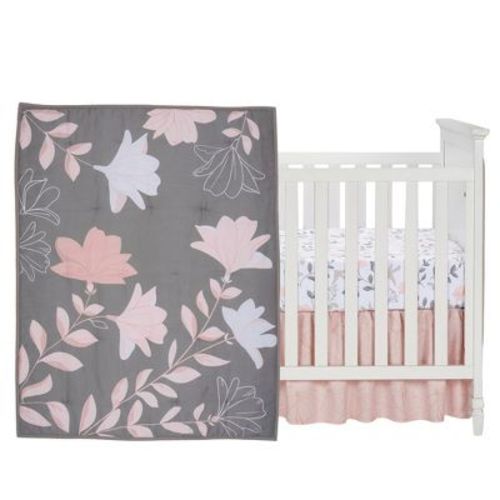 Lambs & Ivy Petals Gray/Pink Sateen Cotton Floral 3-Piece Baby Crib Bedding Set
