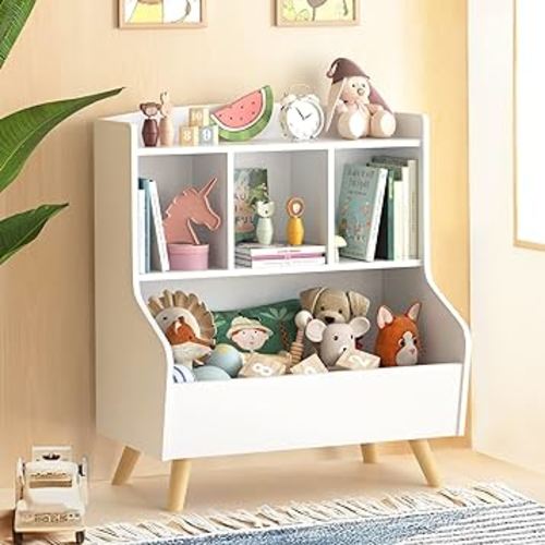 Curipeer Kids Bookshelf and Toy Storage, 3-Tier Wooden Open Bookcase, Baby Book and Toy Storage Display Organizer with Spacious Top Shelf, for Children, Friends, Family, White