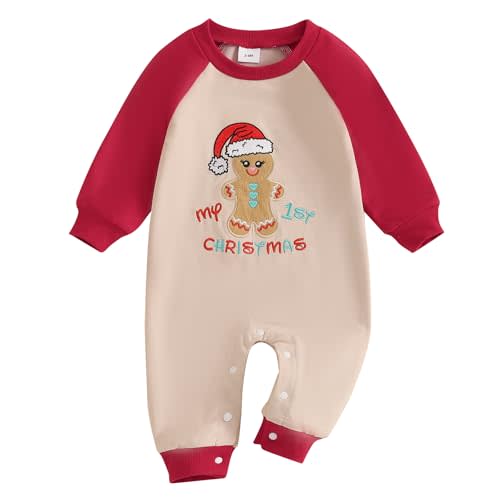 Lesimsam Unisex Newborn Baby Boy Girl Christmas Outfit Gingerbread Man Embroidery Long Sleeve Romper Jumpsuit Winter Clothes