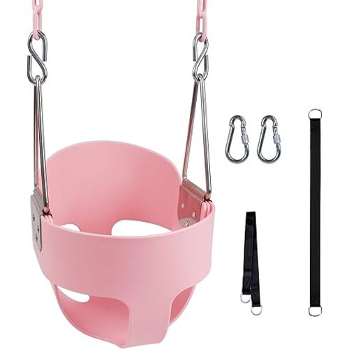 KINSPORY Toddler Swing, 59" Coated Heavy-Duty Iron Chains Baby Swing Outdoor, High Back Full Bucket Infant Swing Seat with Tree Straps for Swing Sets Backyard Outdoor Indoor (Pink)