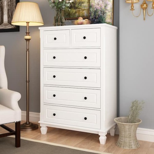 6-Drawers White Wood Storage Cabinet with Anti Tipping Device and Wooden Legs 47.4 in. H x 31.5 W x 15.7 D