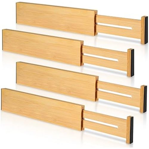 4 Pack Bamboo Drawer Dividers, Adjustable Length from 12 Inch to 17 Inch, Expandable Kitchen Drawer Organizer, Drawer Organization Separators for Clothes, Kitchen, Bedroom, Dresser, Office (Beige)