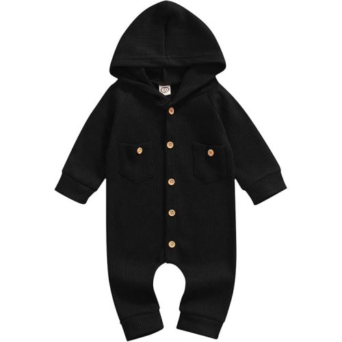 Ynibbim Winter Newborn Baby Boy Girl Solid Romper Unisex Infants Hooded Outfit Clothes Waffle Cotton Button Jumpsuits