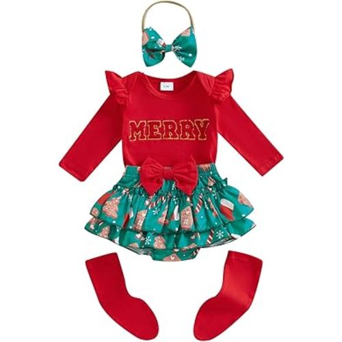 FYBITBO Newborn Baby Girl Christmas Outfits Cute Letter Romper Ruffle Plaid Skirt Dress Infant Christmas Outfit Clothes Set