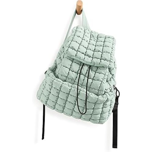 ODODOS Quilted Backpack for Women Lightweight Puffer Hiker Pack Drawstring Padding Travel Gym Bag, Light Green