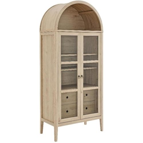 Modway Nolan Modern Farmhouse 71 Inch Tall Arched Storage Display Cabinet in Light Oak Wood Grain - 4-Tier Bookcase with Glass Doors and Shelves - Arch Accent Cabinet for Living Room