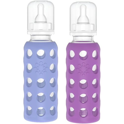 Lifefactory Glass Baby Bottle BPA Free | Protective Silicone Sleeve | 9 oz Pack of 2 | Blueberry, Grape
