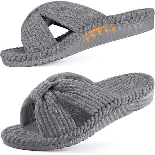Orthopedic Arch Support Slippers for Women Comfortable Open Toe Indoor House Slippers Corduroy Cross Bow Bedroom Shoes for Plantar Fasciitis