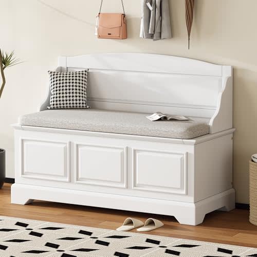 Retro Shoe Storage Bench with Soft-Close Devices, Storage Chest with Hidden Storage and Cushion for Entryway, Hallway,Corridor (White)
