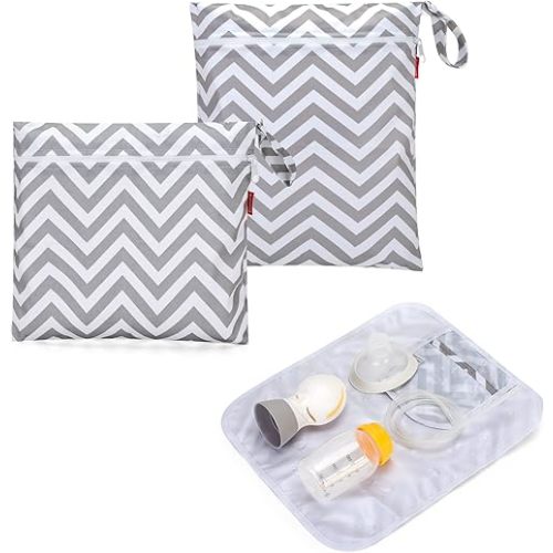 Damero Breast Pump Parts Bag, 2Pack Wet Bag for Breast Pump Parts Storage with Waterproof Mat, Gray Chevron
