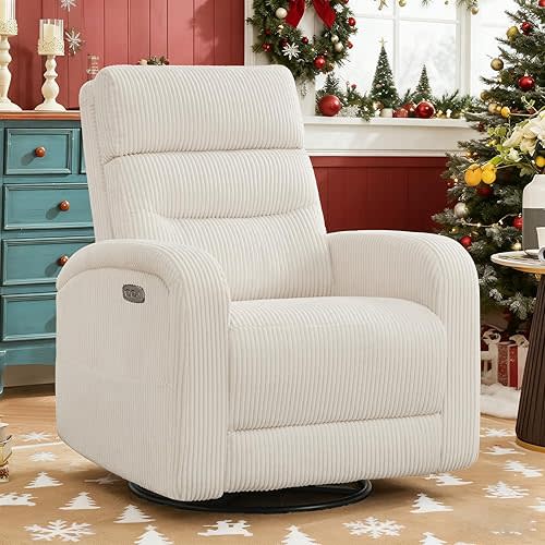 Power Nursery Swivel Recliner, Electric Rocking Recliner with USB and Type-C Port, Swivel Glider Nursery Recliners for Living Room,Corduroy White