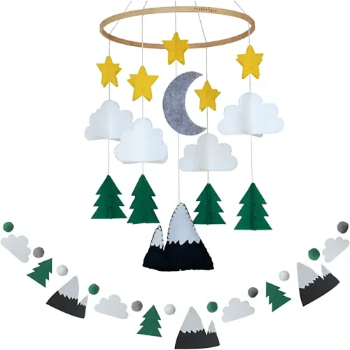 Baby Crib Mobile (Starry Woodland Night w/Garland, Evergreen) - Nursery Decoration Crib Mobile and Baby Shower for Boys & Girls