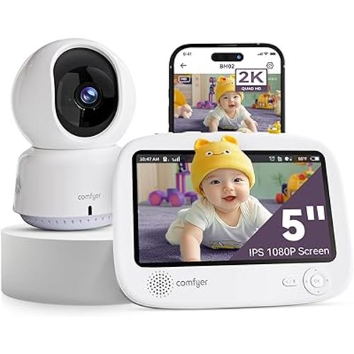 Smart WiFi Baby Monitor - 5" 1080P Split Screen & 2K Camera App Control, Motion Alerts, HD Night Vision, 5050mAh Battery, 2-Way Talk, Multi-User, Triple Security, 1600ft Range
