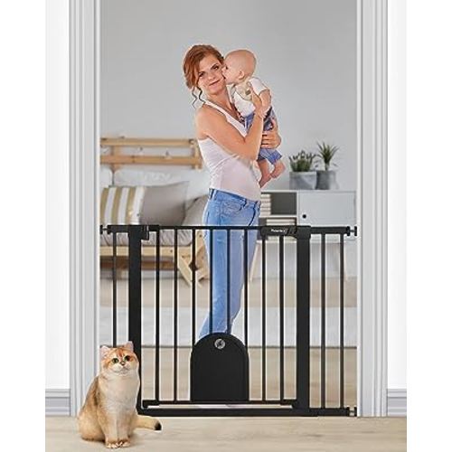 Newnice 40.6"-29.7" Auto Close Baby Gate with Small Cat Door, Easy Walk Thru & Durable Dog Pet Gates for Stairs, Doorway, House, Pressure Mounted Safety Child Gate, Black