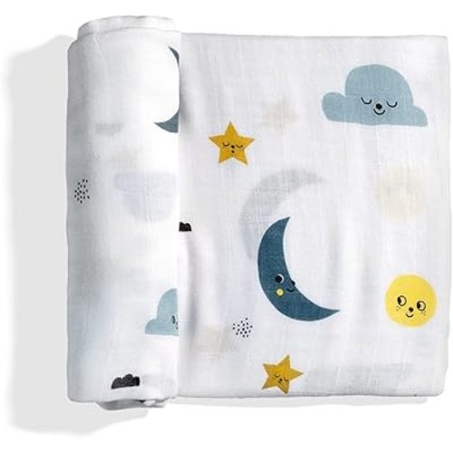 Rookie Humans Super Soft Viscose from Bamboo Muslin Swaddle Blankets for Baby Girls and Boys – Silky Soft - 47 x 47 inches Swaddling Blankets - Newborn Baby Essentials, Moon & Stars