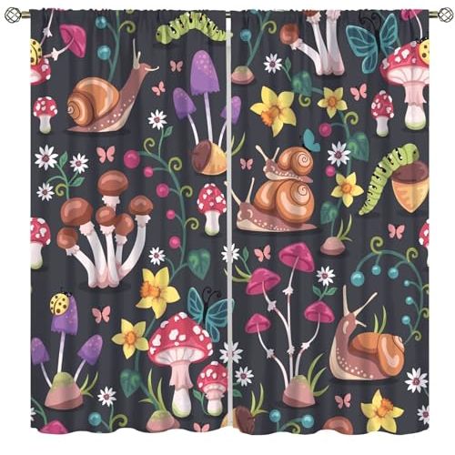 Mushroom Curtains,Wild Animal Snail Flowers Mushroom Pattern Decoration for Rural Cottage Blackout Farmhouse Window Drapes Set 2 Panels,84x84 Inches