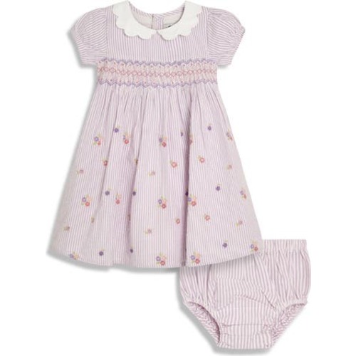 Floral Embroidered Seersucker Smocked Bodice Dress & Bloomers, 12-18M