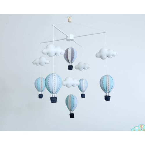 Pastel blue and grey hot air balloons baby mobile, baby mobile, winter nursery, adventure nursery decor