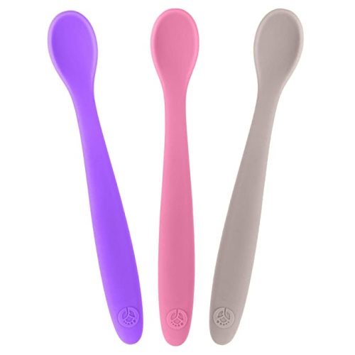 WeeSprout Silicone Baby Spoons - First Stage Infant Feeding Spoons With Soft-Tip, Bendable Baby Utensils for Parent & Self-Feeding, Ultra-Durable & Chewproof, Dishwasher Safe, Set of 3 - Bright Pink,Purple,Grey