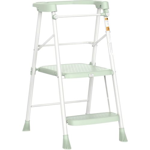 HBTower Kids Step Stool 2 Steps with Anti-Drop Safty Railing, Toddler Tower for Kitchen Counter Learning, Toddler Kitchen Stool Helper,Kids Standing Folding Stepper (Green)