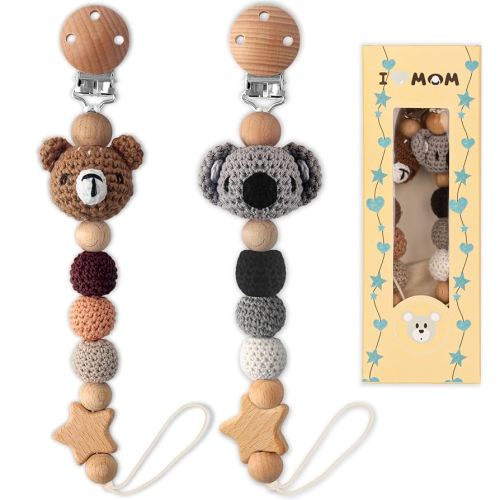 Pacifier Clip, 2 Pack Pacifier Clips for Boys and Girls, Cute Koala & Bear Handmade Knitted Pacifier Holder Fits for Most Pacifier, Baby Teethers, Baby Shower and Baby Gift