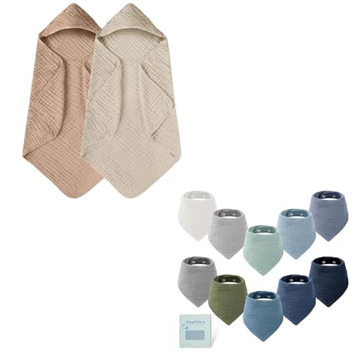 Yoofoss Hooded Baby Towels for Newborn 2 Pack 100% Muslin Cotton & Muslin Baby Bibs 10 Pack Bandana Bibs 100% Cotton