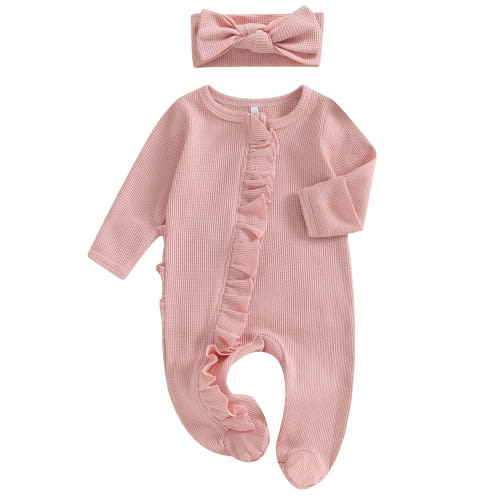 Okbabeha Newborn Baby Girl Fall Winter Outfits Clothes Knit Onesie Ruffle Romper Newborn Coming Home Outfit for Baby Girl