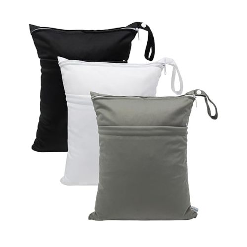 babygoal Wet Dry Bags 3 Pack, Waterproof Reusable Travel Bags for Swimsuits, Baby Cloth Diapers, Beach, Pool, Gym Bag & Wet Clothes with 2 Pockets L-BWG
