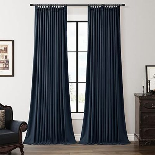 Pinch Pleated 100% Blackout Long Curtains 108 Inch Length Energy Saving Heavy Drapes for Living Dining Room Ceiling to Floor Rustic Farmhouse Pinch Pleat Linen Curtains for Bedroom Vintage Blue 9 Ft