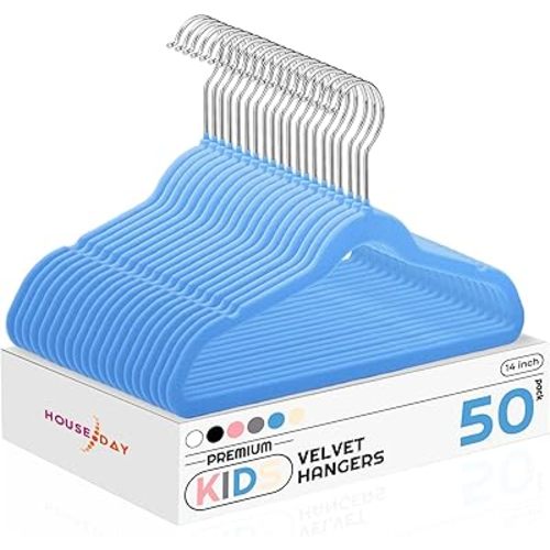 HOUSE DAY Kids Velvet Hangers 50 Pack, Durable Big Kids Hangers 14 Inch Hangers for Youth, Non Slip Kids Felt Hangers, Cute Childrens Hangers for Closet, Kids Blue Hangers