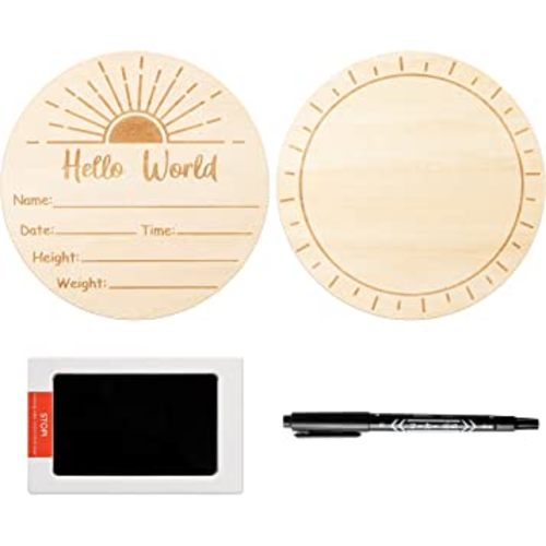 R HORSE Baby Birth Announcement Sign with Marker Pen, Wooden Baby Birth Sign with Ink Pad for Baby Hand and Footprints, Double-sided Boho Sun Newborn Announcement Sign for Baby Shower Keepsakes
