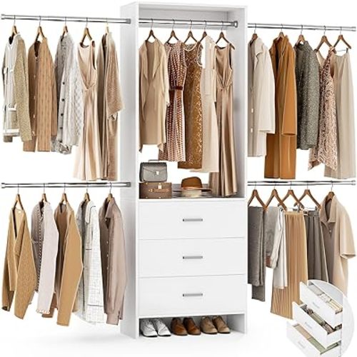 Aheaplus Sistema de armario, organizador de armario con 3 cajones de madera, sistema organizador de armario, armario con 4 varillas para colgar, perchero para ropa, -4R, color blanco