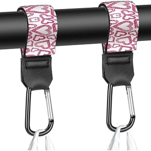 Stroller Straps, Mommy Hooks Diaper Bags, Universal Shopping cart, Wallet, Backpack - 2 Packs (Love)