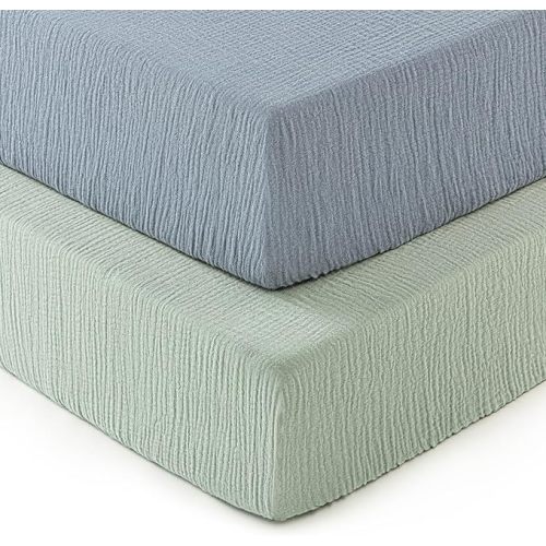 david's kids Muslin Crib Sheets for Boys Girls, 2 Pack 100% Cotton Soft Breathable Fitted Baby Neutral Sheet Set, Standard 52"x28" Crib and Toddler Mattress, Sage Green & Dusty Blue
