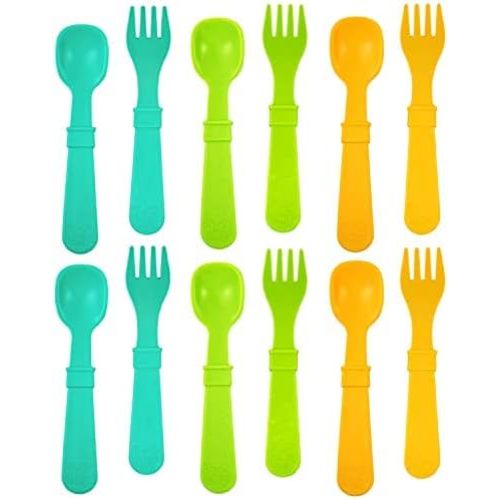Re-Play Made in USA Toddler Forks and Spoons, Pack of 12 Without Carrying Case - 6 Kids Forks with Rounded Tips and 6 Deep Scoop Toddler Spoons - 0.2" Thick Toddler Utensils, Aqua Asst