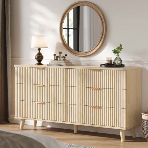 Laintene Fluted Dresser for Bedroom, 6 Drawer Dresser with Metal Handle, Wood Dresser Chest of Drawers Large Storage Cabinet for Living Room, Natural