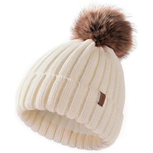 Winter Hat Toddler Knitted Pom Beanie Hat Cotton Lined Faux Fur Pom Cap Baby Girls Boys Beanies