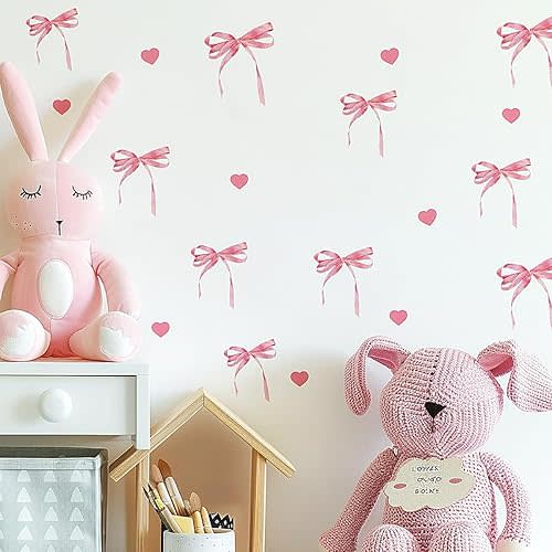 12 Sheets Bow Wall Stickers Peel and Stick Coquette Pink Bow Heart Decals for Room Nursery Boho Bedroom Dresser Playroom Living Room Windows Aesthetic Waterproof Wallpaper for Christmas Room Decor
